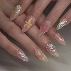 24Pcs Short Round Head Almond Fake Nails with Flowers Grass Pattern Wearable False Nails Tips Summer Full Cover Press on Nails - Hands of Hope