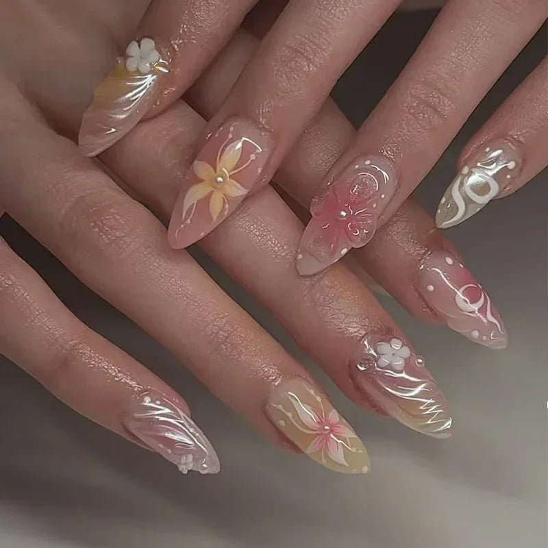 24Pcs Short Round Head Almond Fake Nails with Flowers Grass Pattern Wearable False Nails Tips Summer Full Cover Press on Nails - Hands of Hope