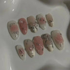 24Pcs Short Round Head Almond Fake Nails with Flowers Grass Pattern Wearable False Nails Tips Summer Full Cover Press on Nails - Hands of Hope