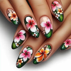 24Pcs Short Round Head Almond Fake Nails with Flowers Grass Pattern Wearable False Nails Tips Summer Full Cover Press on Nails - Hands of Hope