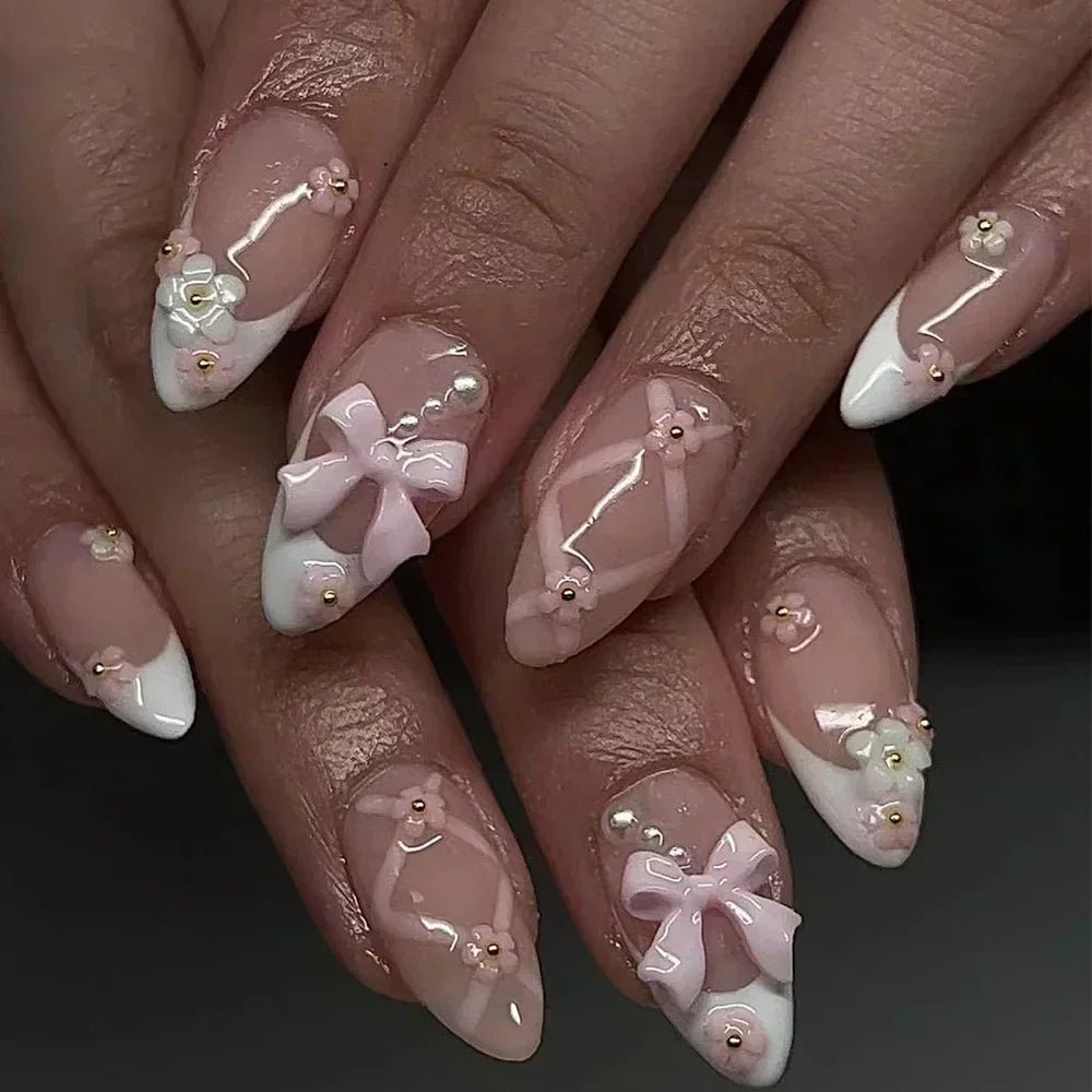 24Pcs Short Round Head Almond Fake Nails with Flowers Grass Pattern Wearable False Nails Tips Summer Full Cover Press on Nails - Hands of Hope