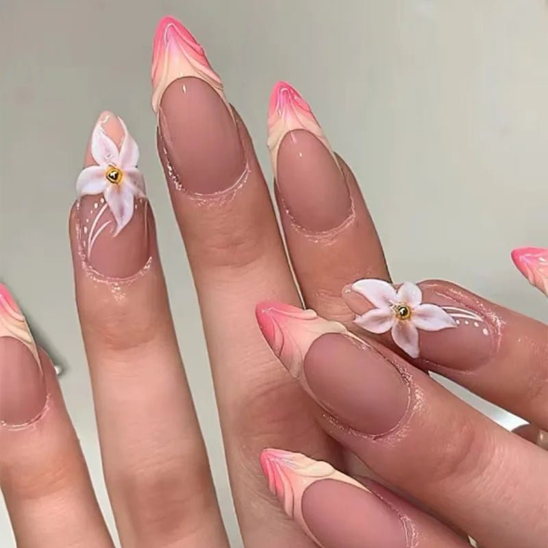 24Pcs Short Round Head Almond Fake Nails with Flowers Grass Pattern Wearable False Nails Tips Summer Full Cover Press on Nails - Hands of Hope