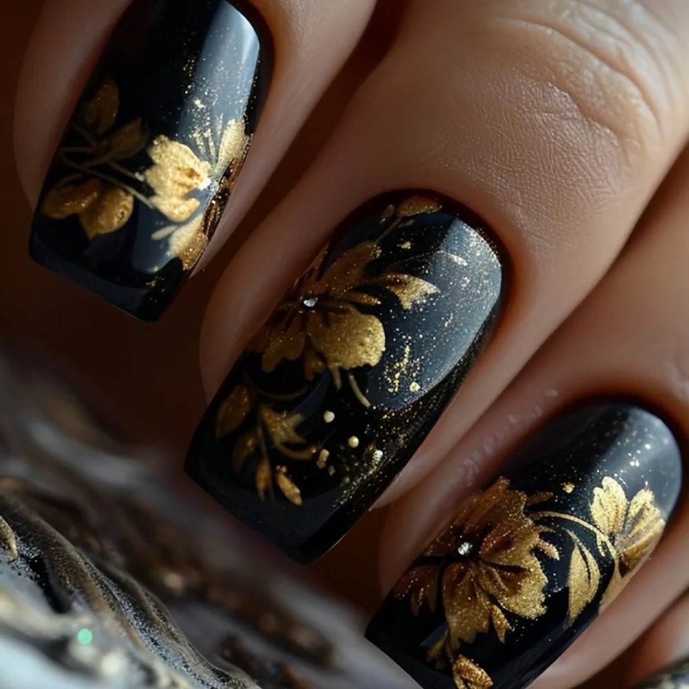 24pcs Short Square Amber Flower Fake Nail with Glue Wearable Autumn Designs Press on Nails Full Cover Acrylic False Nails Tips - Hands of Hope