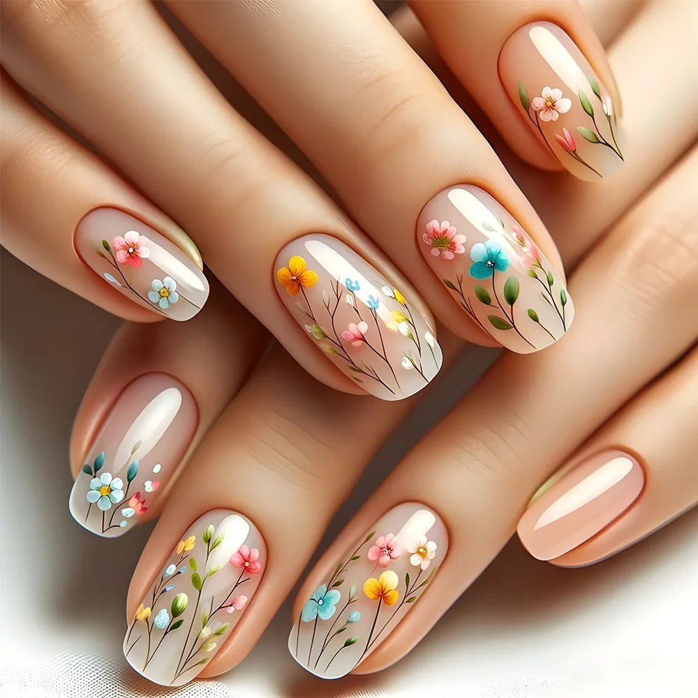 24pcs Short Square Amber Flower Fake Nail with Glue Wearable Autumn Designs Press on Nails Full Cover Acrylic False Nails Tips - Hands of Hope
