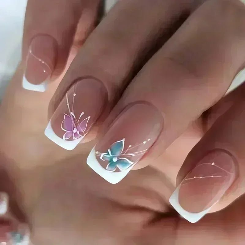 24Pcs Short Square Coffin False Nails Square Fake Nails with Glue French Glitter Wearable Acrylic Nails Set Press on Nail Tips - Hands of Hope