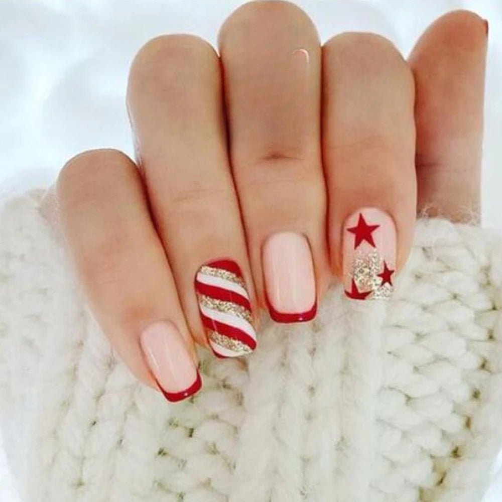 24Pcs Short Square Coffin False Nails Square Fake Nails with Glue French Glitter Wearable Acrylic Nails Set Press on Nail Tips - Hands of Hope