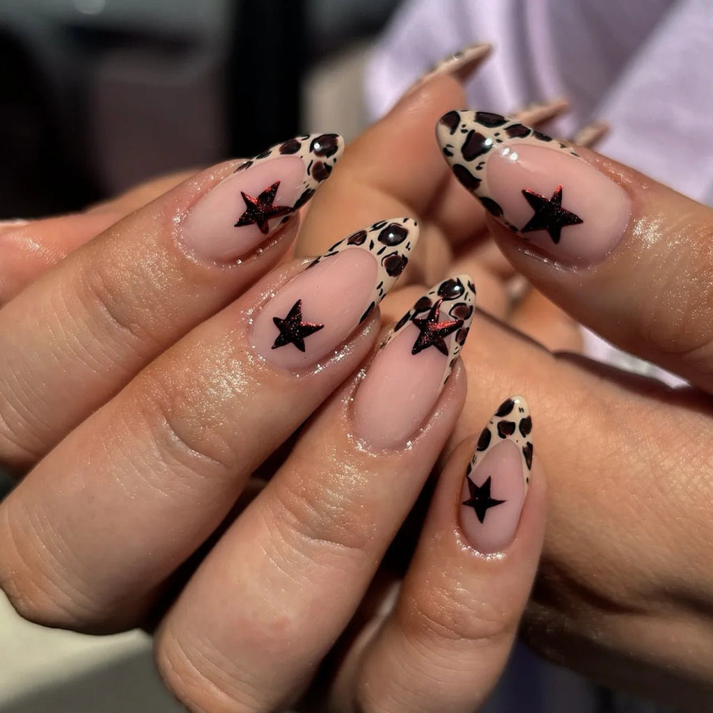 24Pcs Simple French Fake Nails with Almond Head Design Detachable 3D Irregular Star Pattern Press on False Nails Manicure Tools - Hands of Hope