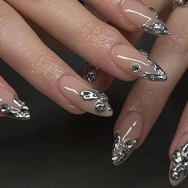 24Pcs Simple French Fake Nails with Almond Head Design Detachable 3D Irregular Star Pattern Press on False Nails Manicure Tools - Hands of Hope