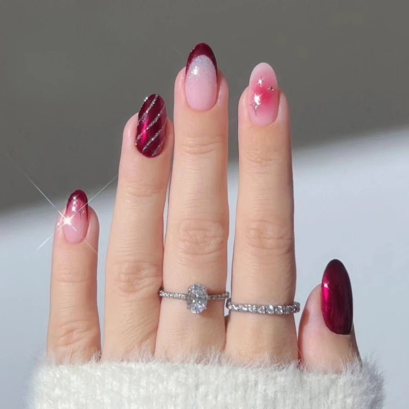 24Pcs Simple Glitter Almond False Nails with Glue Ballerina Nail Design Sweet Cool French Detachable Press on Nail Manicure Tips - Hands of Hope