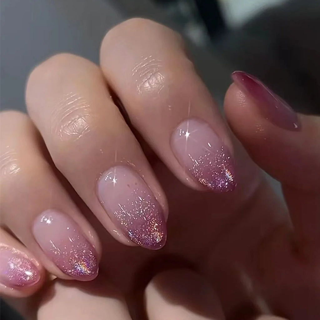 24Pcs Simple Glitter Almond False Nails with Glue Ballerina Nail Design Sweet Cool French Detachable Press on Nail Manicure Tips - Hands of Hope