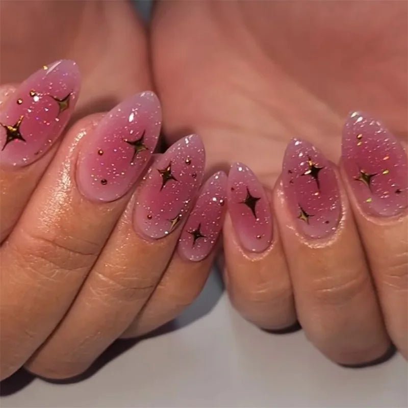 24Pcs Simple Glitter Almond False Nails with Glue Ballerina Nail Design Sweet Cool French Detachable Press on Nail Manicure Tips - Hands of Hope