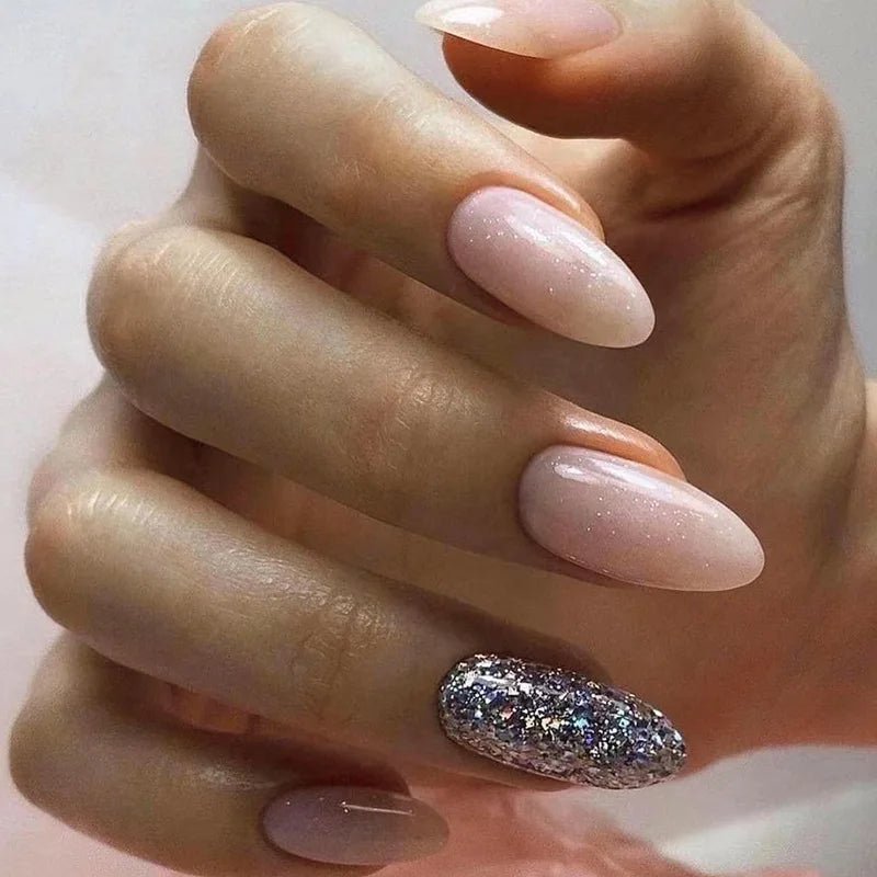 24Pcs Simple Glitter Almond False Nails with Glue Ballerina Nail Design Sweet Cool French Detachable Press on Nail Manicure Tips - Hands of Hope