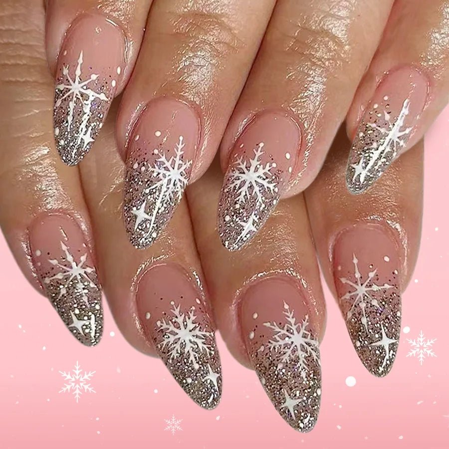 24Pcs Simple Glitter Almond False Nails with Glue Ballerina Nail Design Sweet Cool French Detachable Press on Nail Manicure Tips - Hands of Hope