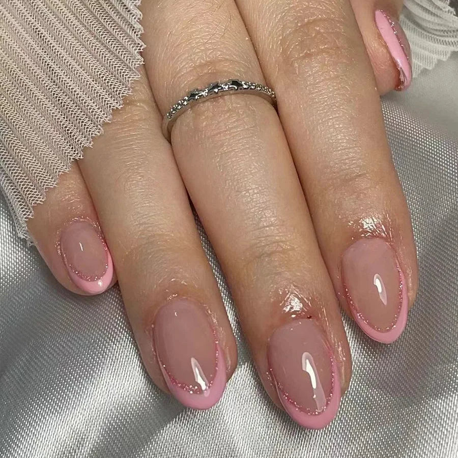 24Pcs Simple Glitter Almond False Nails with Glue Ballerina Nail Design Sweet Cool French Detachable Press on Nail Manicure Tips - Hands of Hope