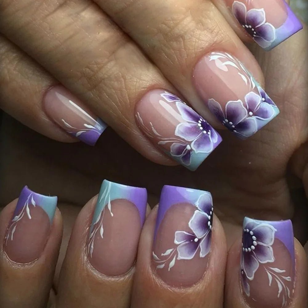24pcs Sweet Cool False Nails Gradient French Fake Nail Tips with Purple Flowers Design Short Square Press on Nails Colorful Nail - Hands of Hope