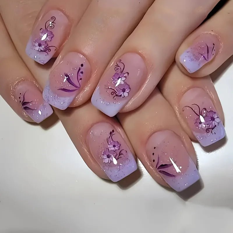 24pcs Sweet Cool False Nails Gradient French Fake Nail Tips with Purple Flowers Design Short Square Press on Nails Colorful Nail - Hands of Hope