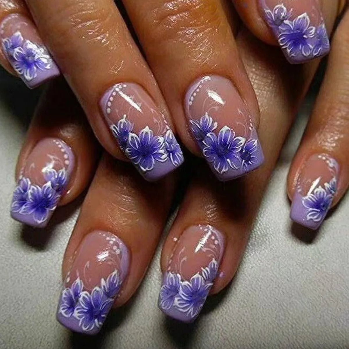 24pcs Sweet Cool False Nails Gradient French Fake Nail Tips with Purple Flowers Design Short Square Press on Nails Colorful Nail - Hands of Hope