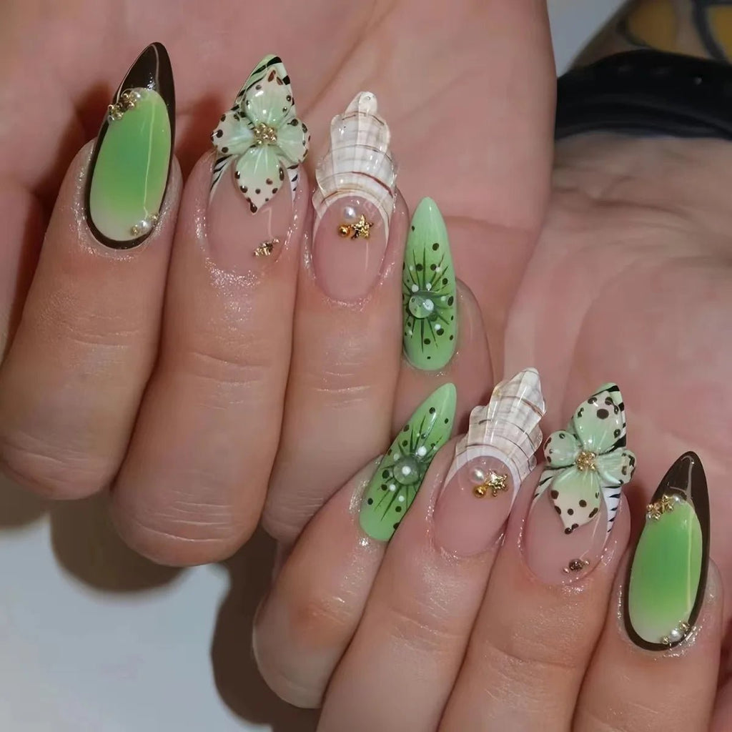 24pcs Tropical Flower Press On Nails Colorful French 3D Crystal Butterfly Shells Pattern Printed False Nails Almond Fake Nail - Hands of Hope