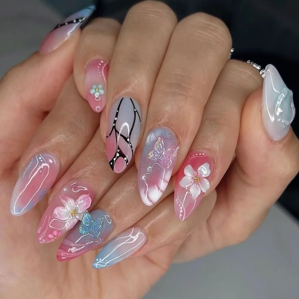 24pcs Tropical Flower Press On Nails Colorful French 3D Crystal Butterfly Shells Pattern Printed False Nails Almond Fake Nail - Hands of Hope