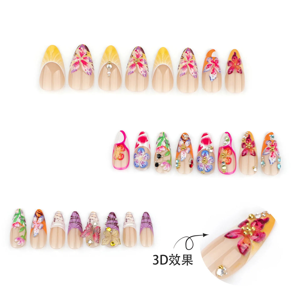 24pcs Tropical Flower Press On Nails Colorful French 3D Crystal Butterfly Shells Pattern Printed False Nails Almond Fake Nail - Hands of Hope