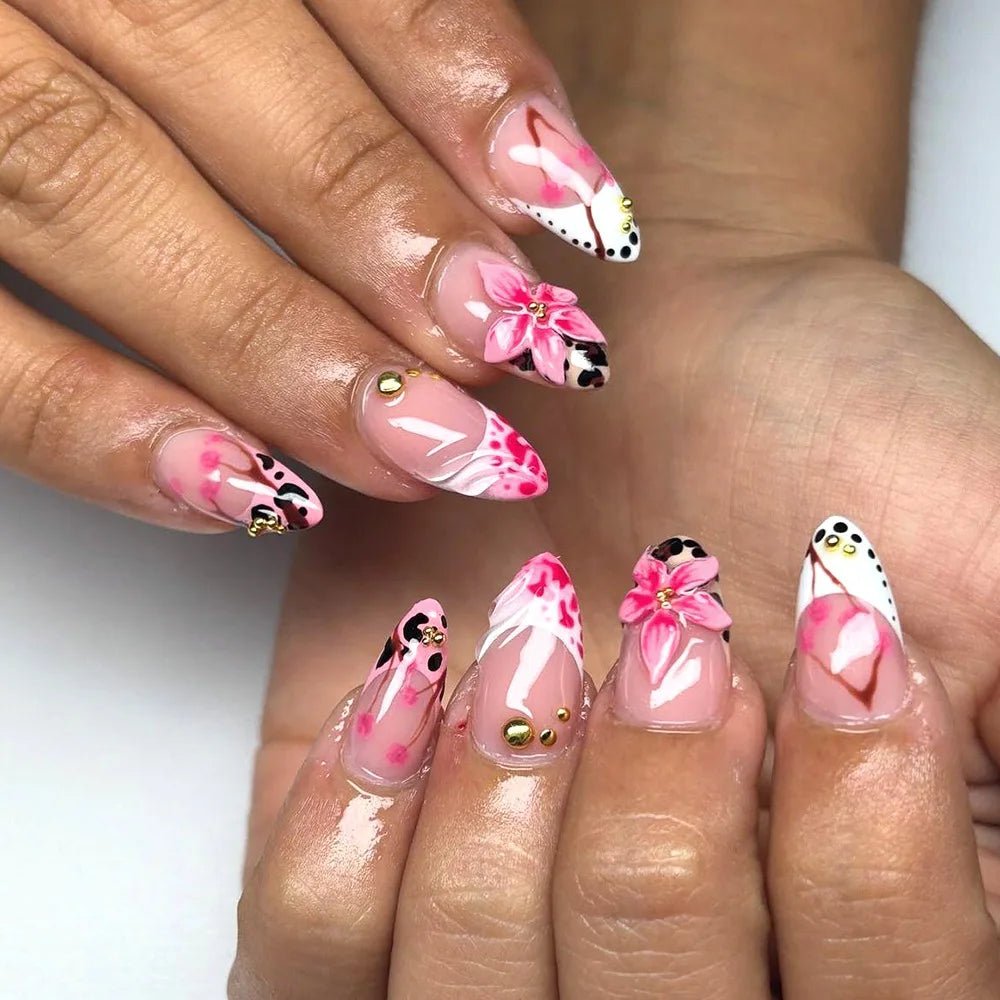 24pcs Tropical Flower Press On Nails Colorful French 3D Crystal Butterfly Shells Pattern Printed False Nails Almond Fake Nail - Hands of Hope