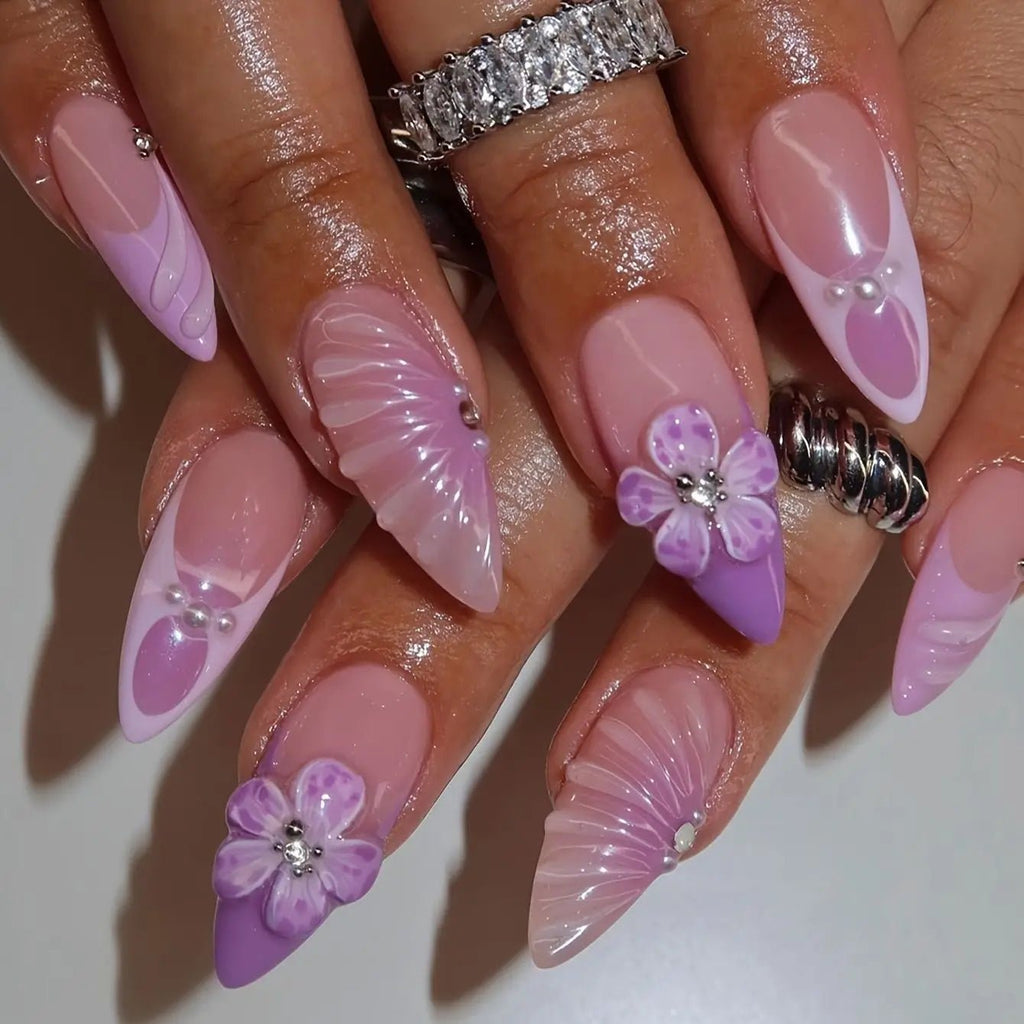 24pcs Tropical Flower Press On Nails Colorful French 3D Crystal Butterfly Shells Pattern Printed False Nails Almond Fake Nail - Hands of Hope