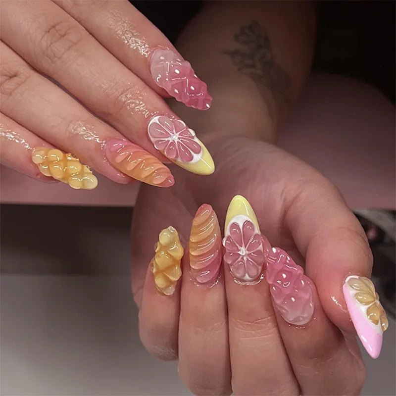 24pcs Tropical Flower Press On Nails Colorful French 3D Crystal Butterfly Shells Pattern Printed False Nails Almond Fake Nail - Hands of Hope