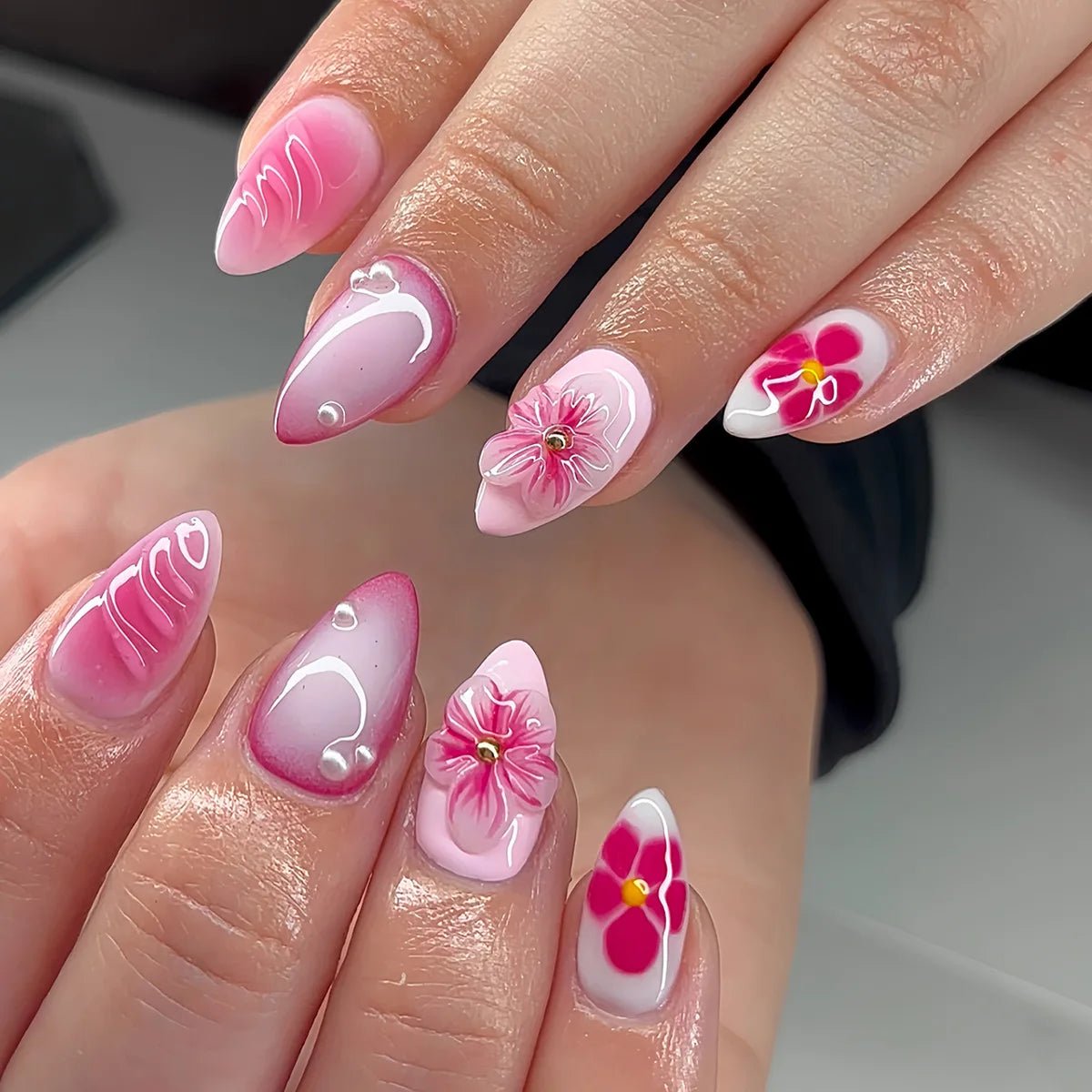 24pcs Tropical Flower Press On Nails Colorful French 3D Crystal Butterfly Shells Pattern Printed False Nails Almond Fake Nail - Hands of Hope