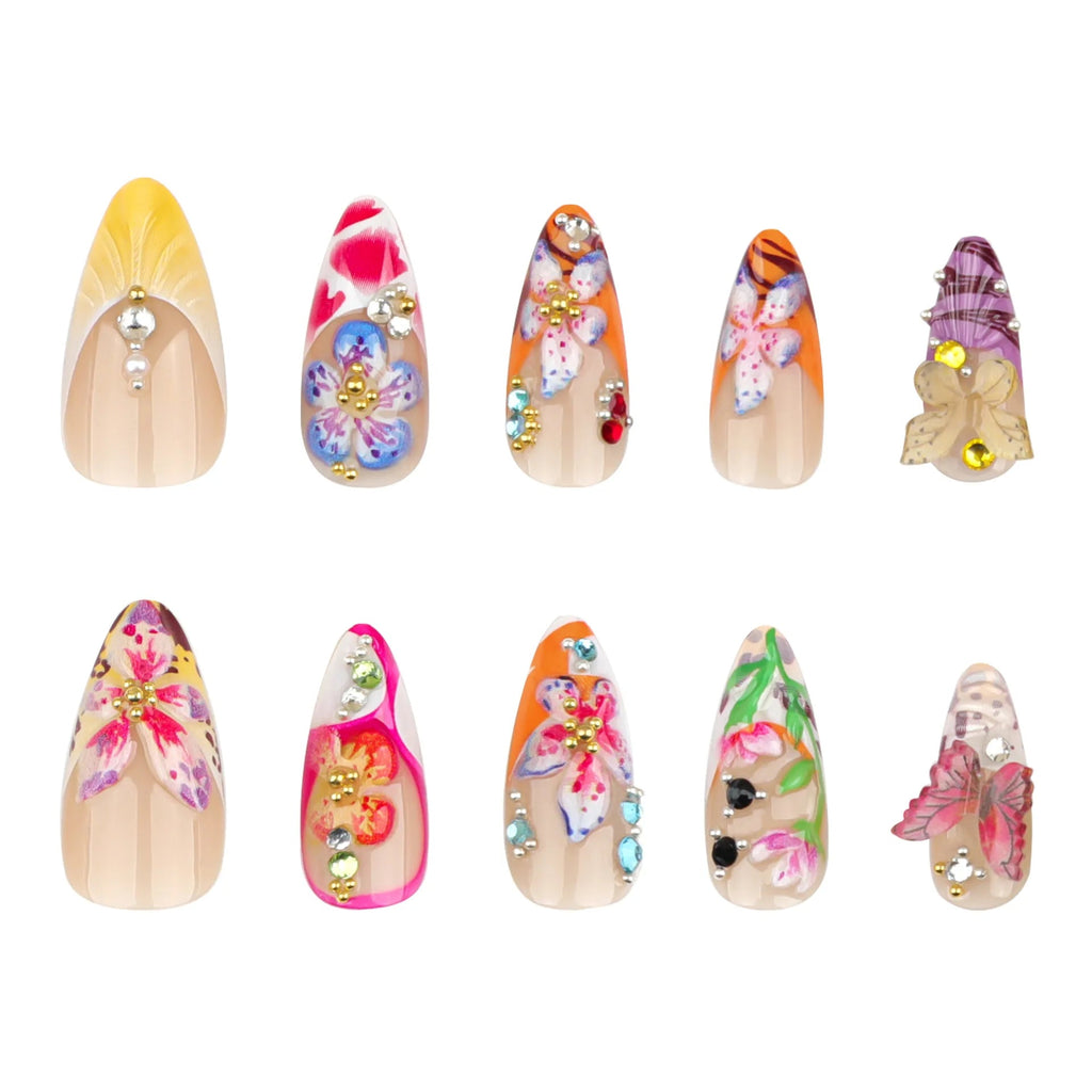 24pcs Tropical Flower Press On Nails Colorful French 3D Crystal Butterfly Shells Pattern Printed False Nails Almond Fake Nail - Hands of Hope