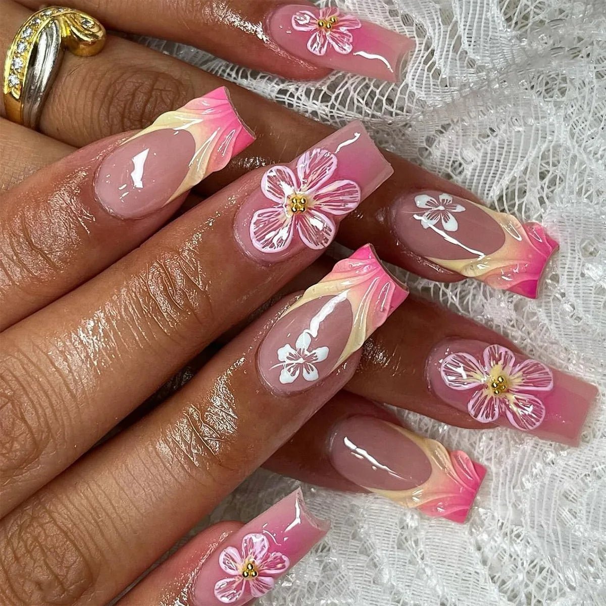 24pcs Tropical Flower Press On Nails Colorful French 3D Crystal Butterfly Shells Pattern Printed False Nails Almond Fake Nail - Hands of Hope
