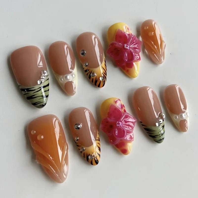 24pcs Tropical Flower Press On Nails Colorful French 3D Crystal Butterfly Shells Pattern Printed False Nails Almond Fake Nail - Hands of Hope