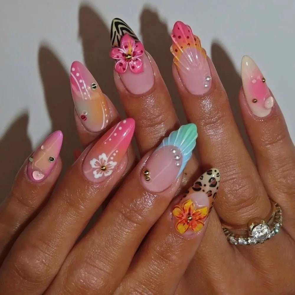 24pcs Tropical Flower Press On Nails Colorful French 3D Crystal Butterfly Shells Pattern Printed False Nails Almond Fake Nail - Hands of Hope