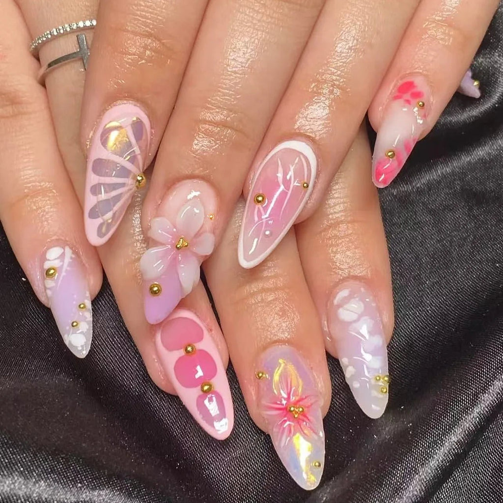 24pcs Tropical Flower Press On Nails Colorful French 3D Crystal Butterfly Shells Pattern Printed False Nails Almond Fake Nail - Hands of Hope
