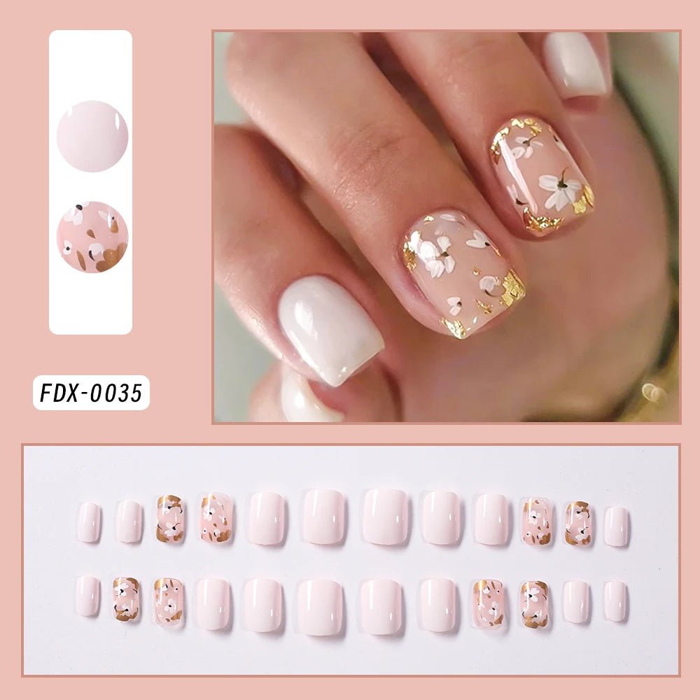 24Pcs White Pink Flower Acrylic Fake Nails Short Square French False Nail Wearable Full Cover Artificial Press on Nail For Women - Hands of Hope