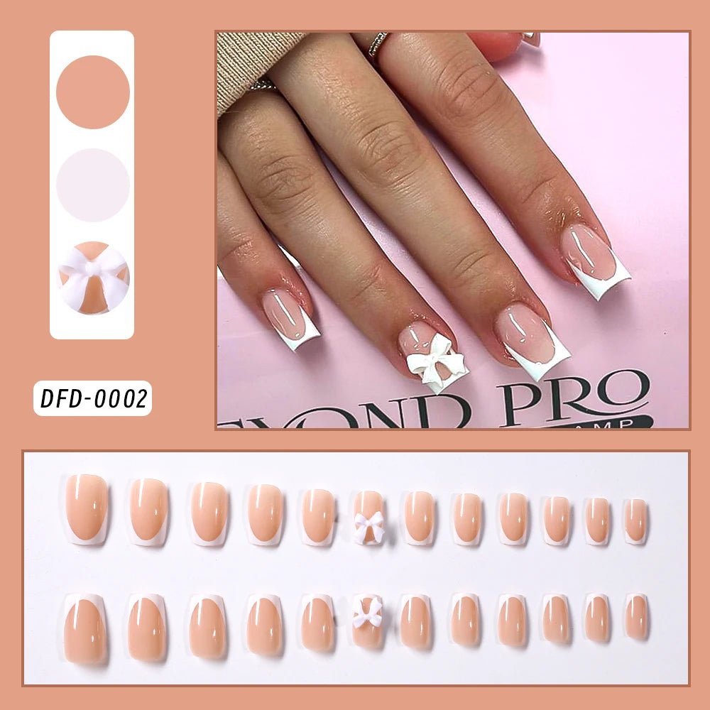 24Pcs White Pink Flower Acrylic Fake Nails Short Square French False Nail Wearable Full Cover Artificial Press on Nail For Women - Hands of Hope