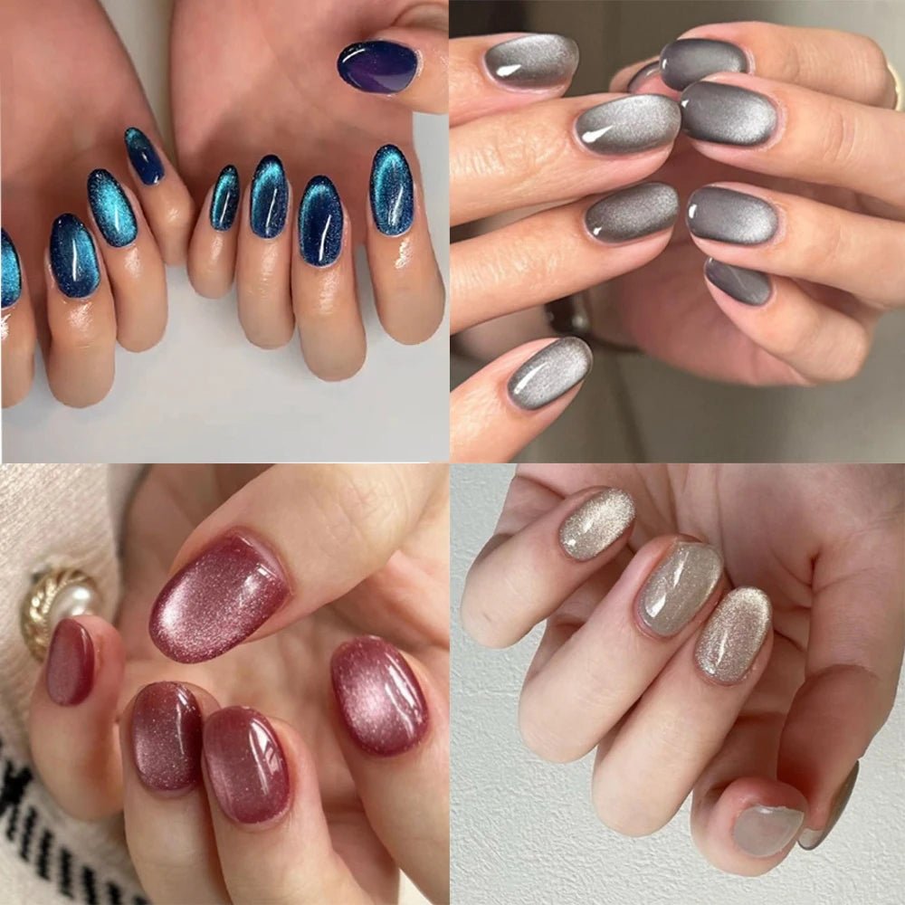 24pcs/set cat eyes fake nails for women girls red brown green blue grey sparkling short tips faux ongles press on false nail - Hands of Hope