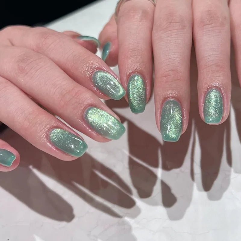 24pcs/set cat eyes fake nails for women girls red brown green blue grey sparkling short tips faux ongles press on false nail - Hands of Hope