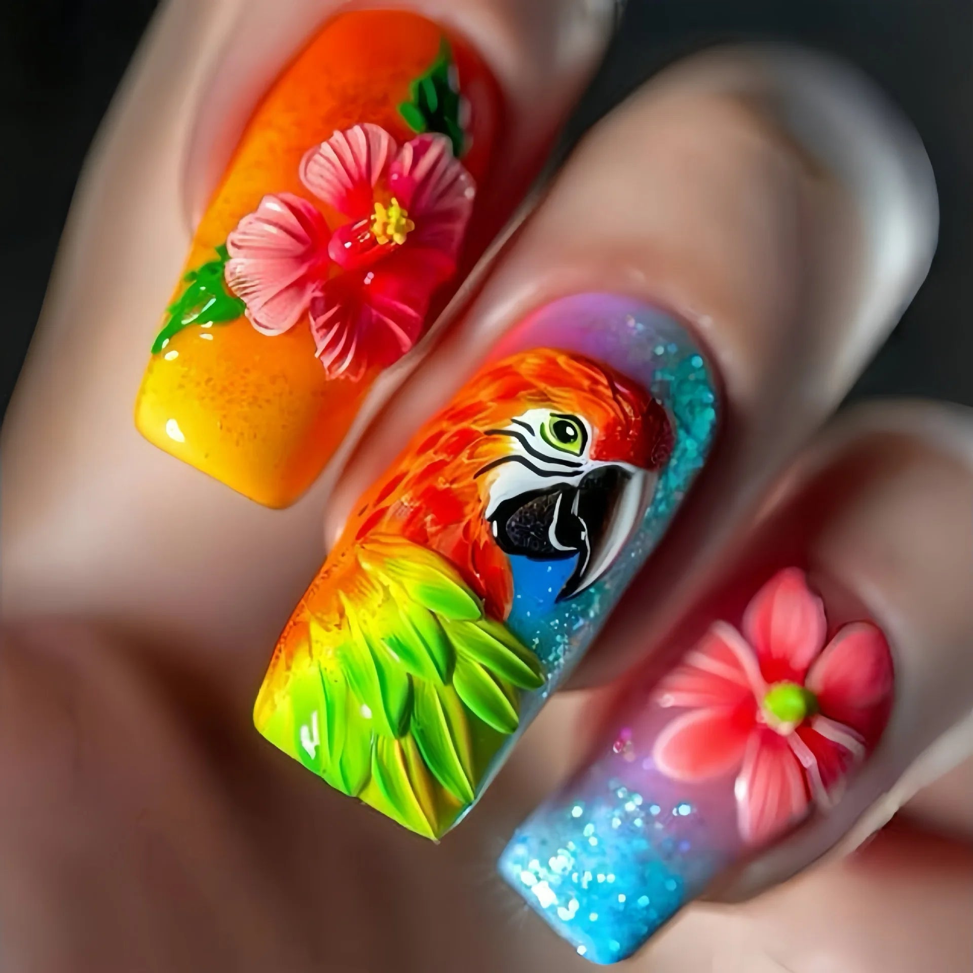 24pcs/set medium long fake nails fashion butterfly feather forest sea wave design gradient blue purple green press on false nail - Hands of Hope