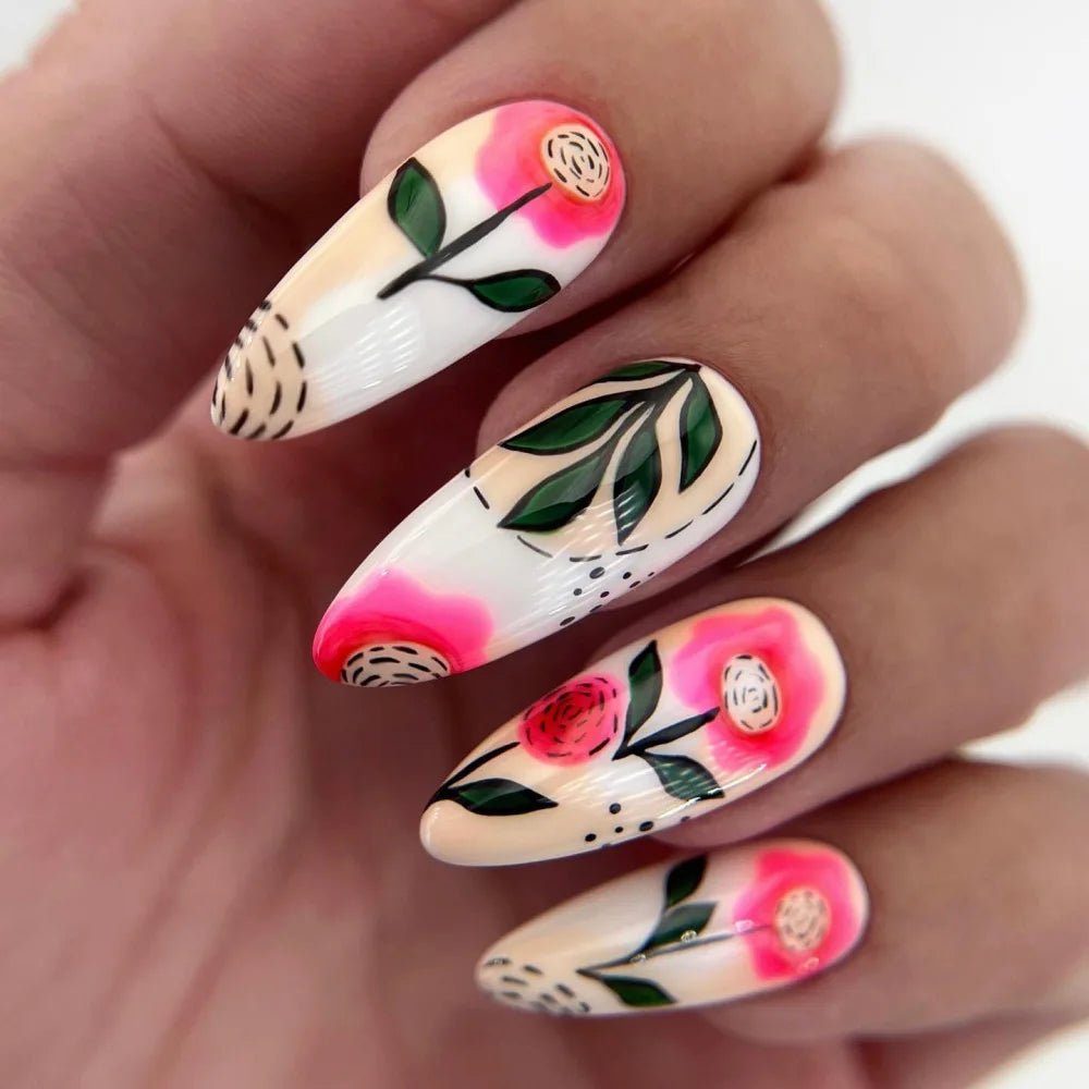 24pcs/set medium long fake nails for Spring summer season beautiful peach flowers butterfly design press on false nail art tips - Hands of Hope