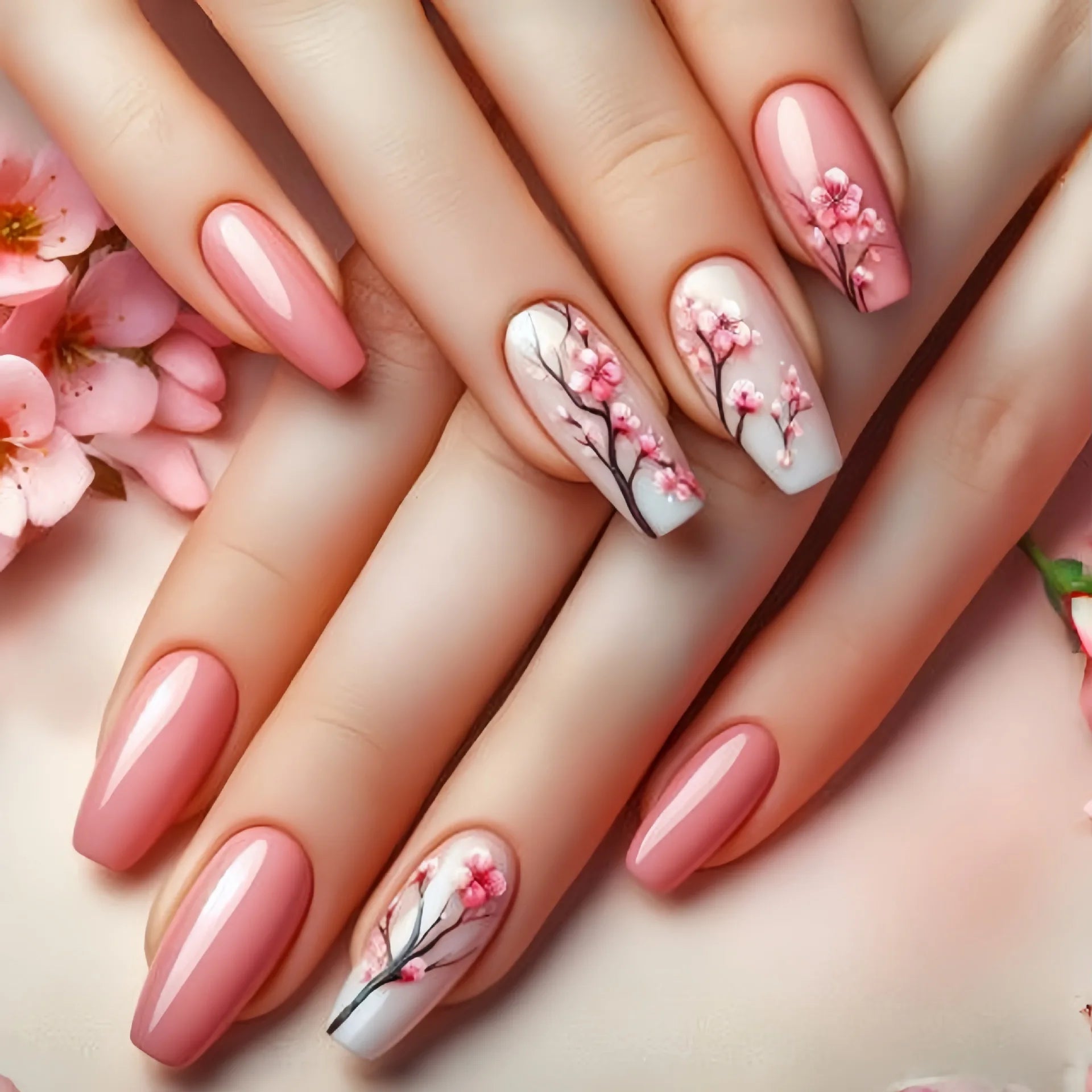 24pcs/set medium long fake nails for Spring summer season beautiful peach flowers butterfly design press on false nail art tips - Hands of Hope