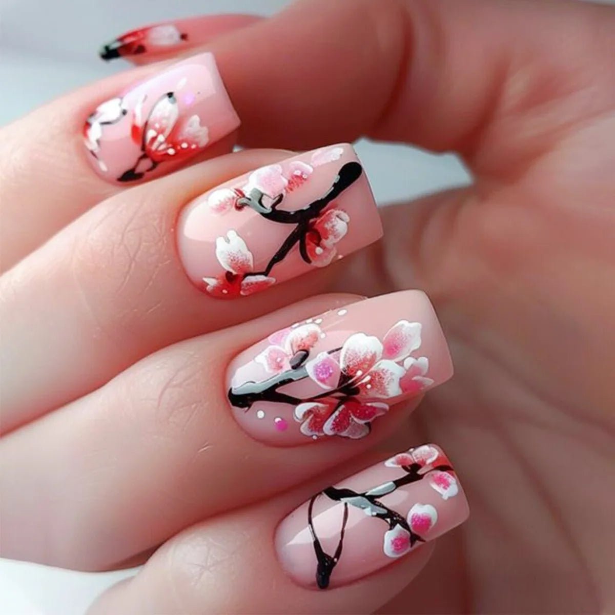 24pcs/set medium long fake nails for Spring summer season beautiful peach flowers butterfly design press on false nail art tips - Hands of Hope