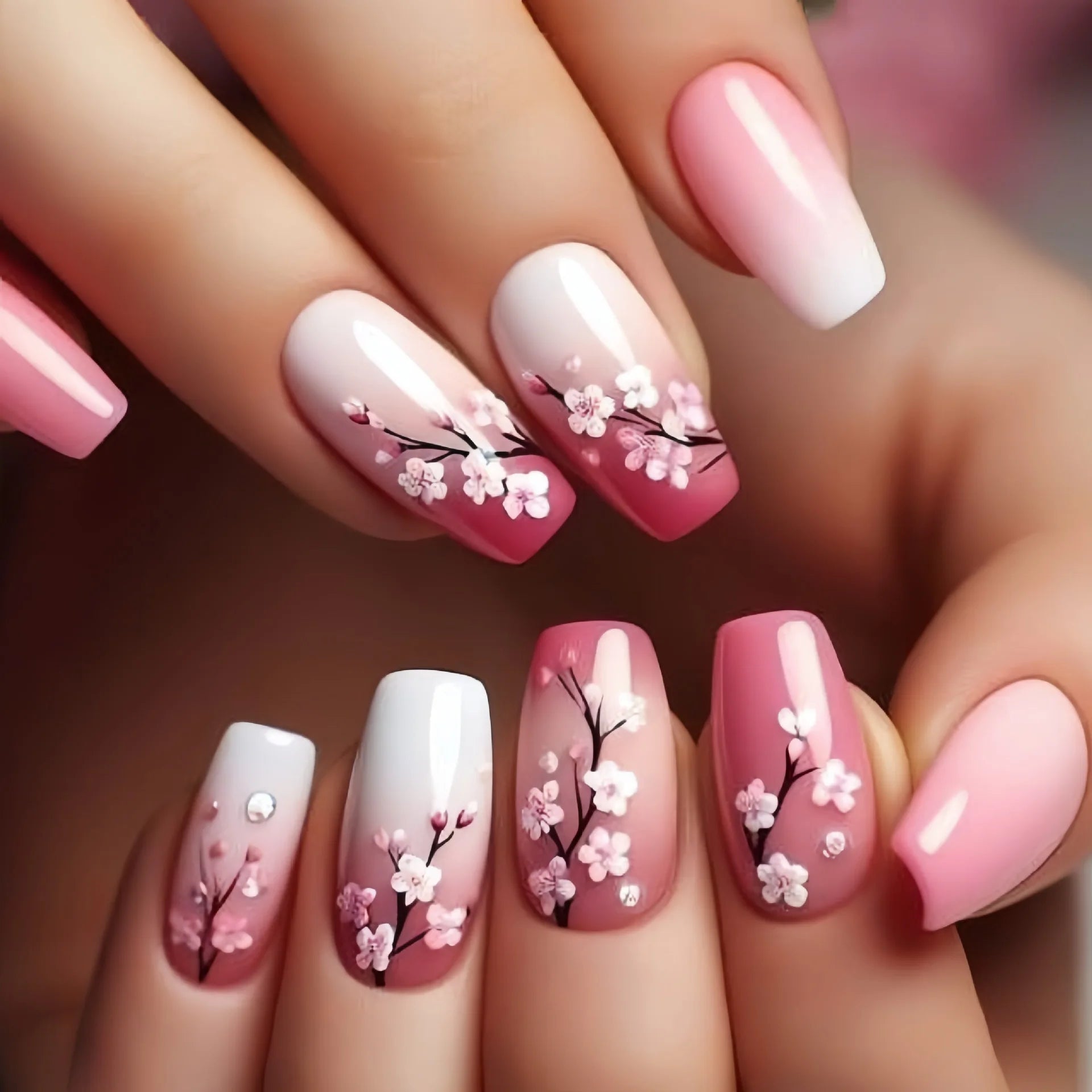24pcs/set medium long fake nails for Spring summer season beautiful peach flowers butterfly design press on false nail art tips - Hands of Hope