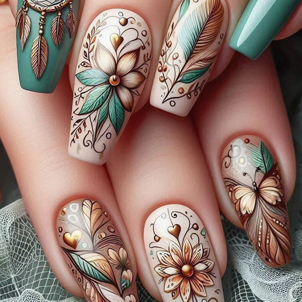 24pcs/set Medium long fake nails for women Spring summer flowers butterfly bee design faux ongles tips press on false nail art - Hands of Hope