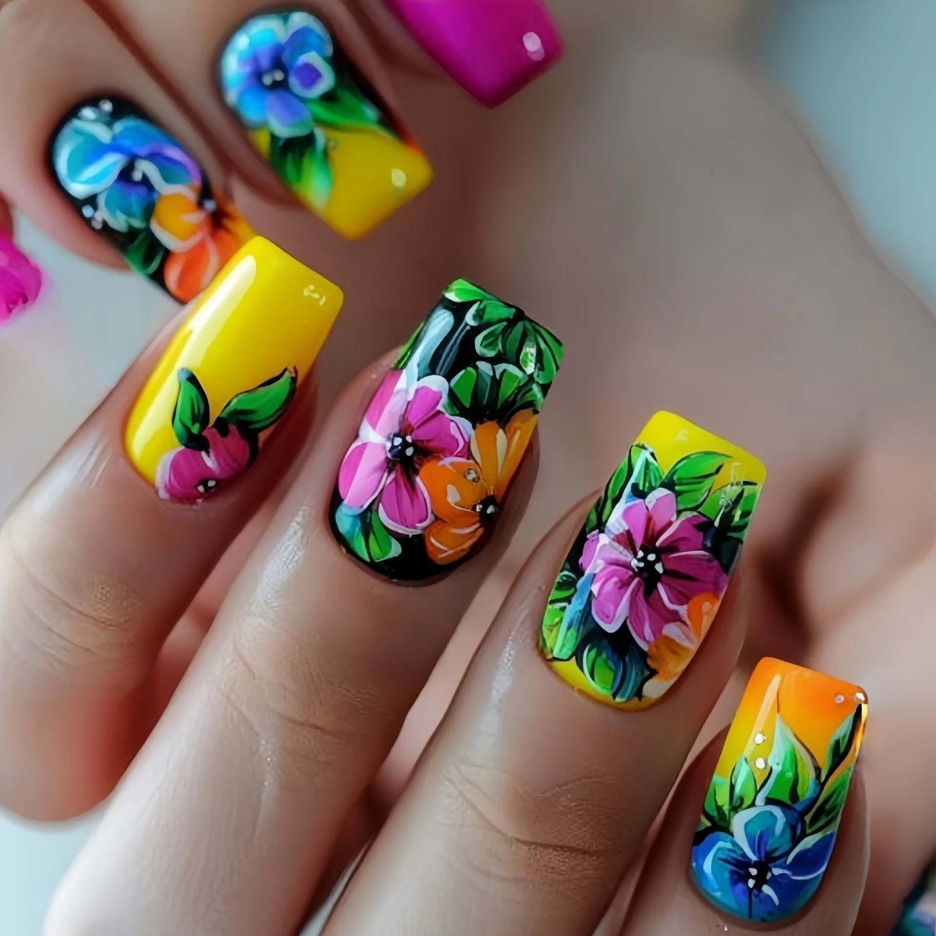 24pcs/set Medium long fake nails for women Spring summer flowers butterfly bee design faux ongles tips press on false nail art - Hands of Hope