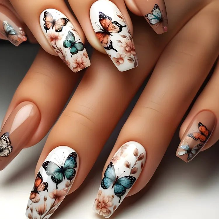 24pcs/set Medium long fake nails for women Spring summer flowers butterfly bee design faux ongles tips press on false nail art - Hands of Hope