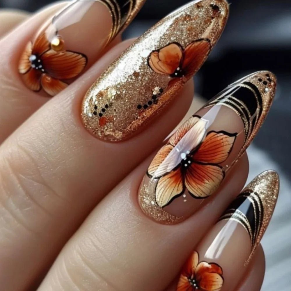 24pcs/set Medium long fake nails Swan fish flowers for summer season gradient almond square ballet tips press on false nails - Hands of Hope