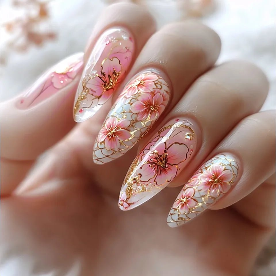 24pcs/set Medium long fake nails Swan fish flowers for summer season gradient almond square ballet tips press on false nails - Hands of Hope