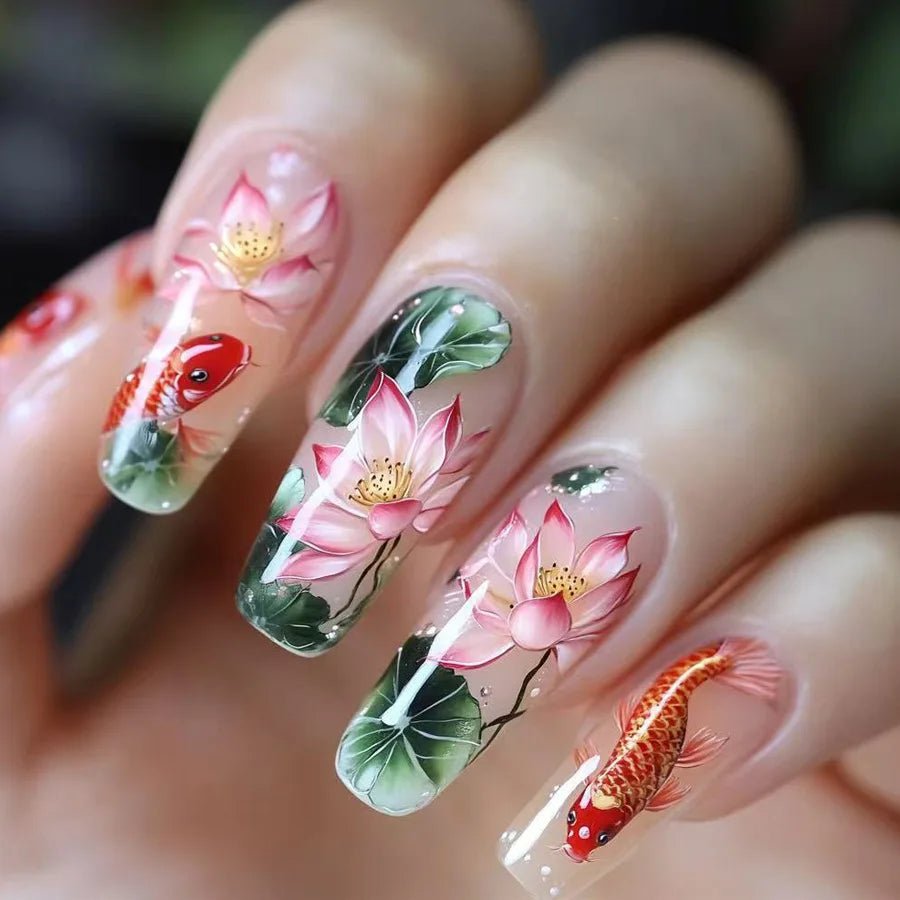 24pcs/set Medium long fake nails Swan fish flowers for summer season gradient almond square ballet tips press on false nails - Hands of Hope