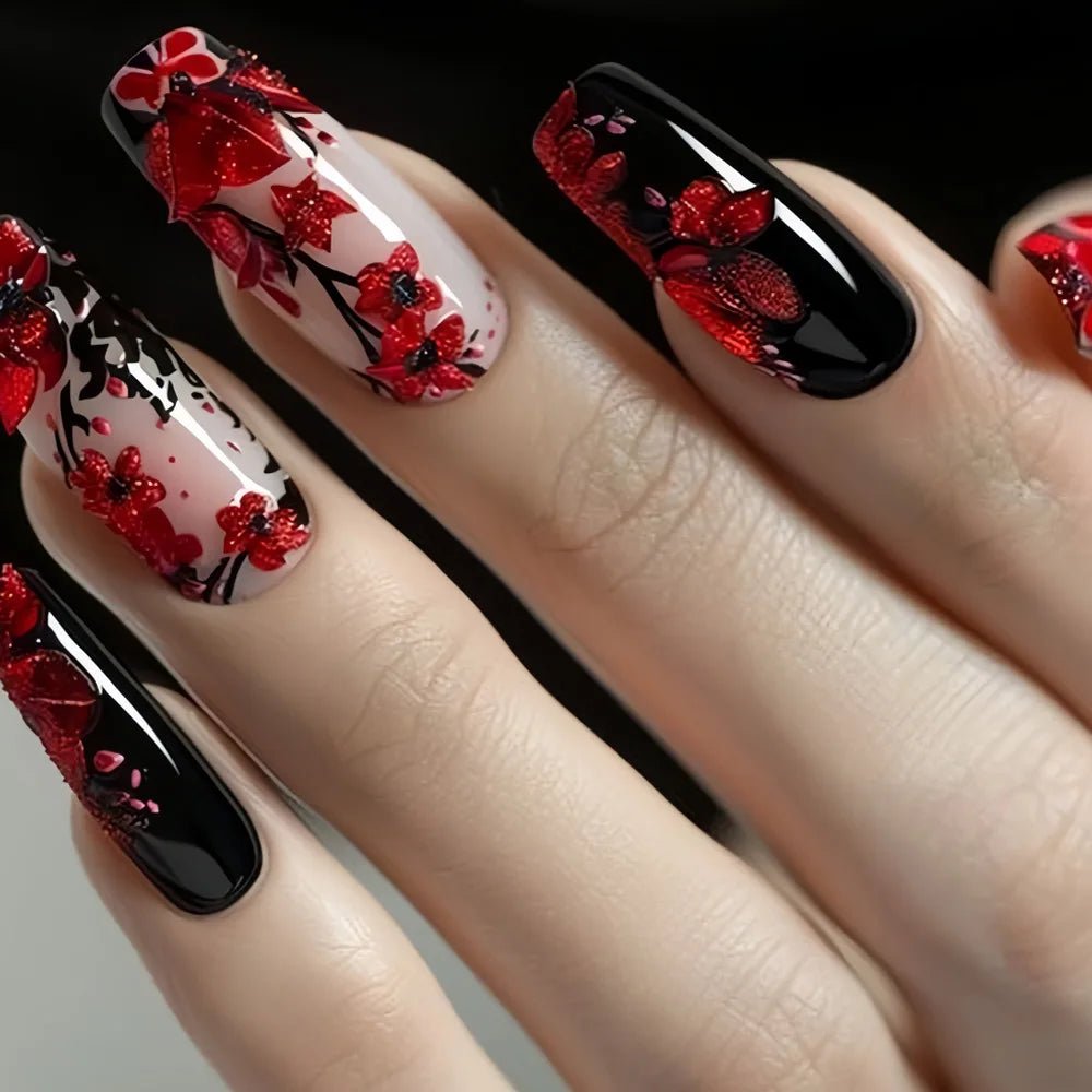 24pcs/set Medium long fake nails Swan fish flowers for summer season gradient almond square ballet tips press on false nails - Hands of Hope