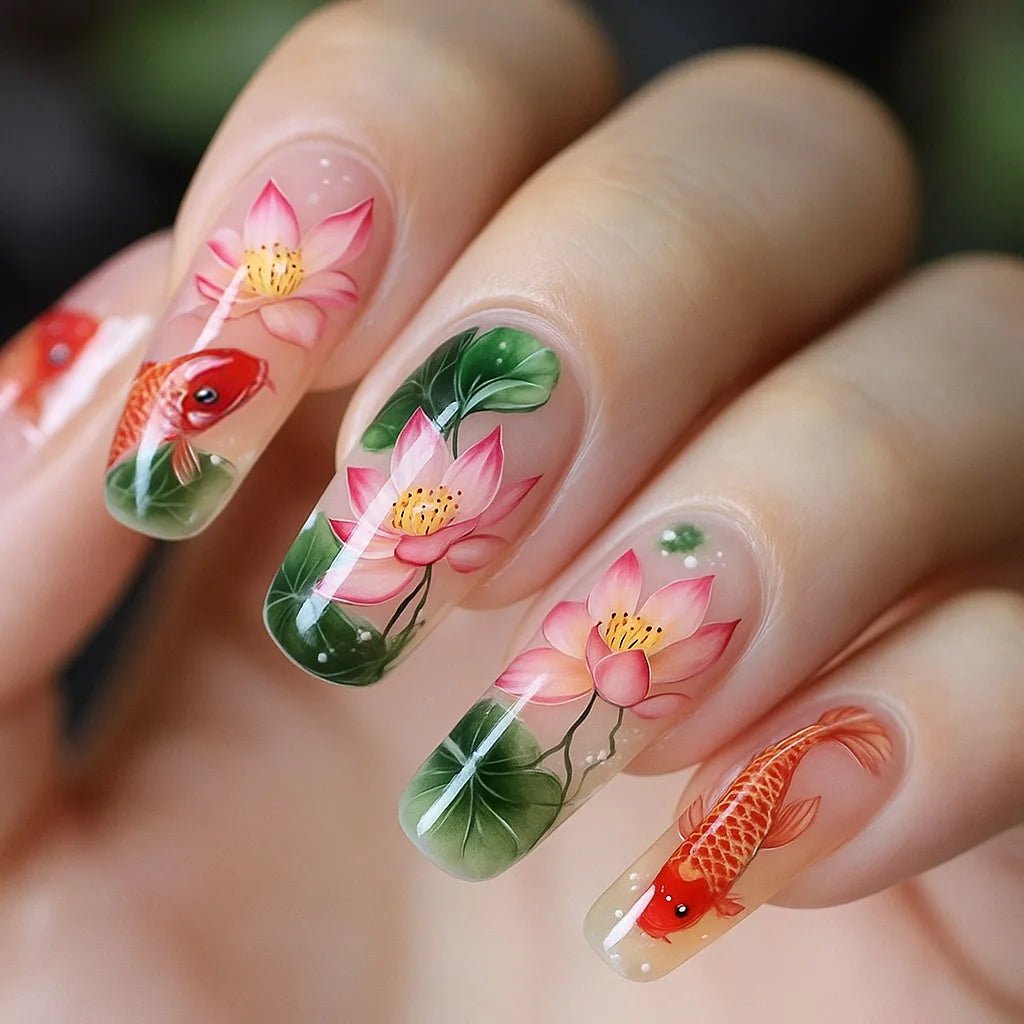 24pcs/set Medium long fake nails Swan fish flowers for summer season gradient almond square ballet tips press on false nails - Hands of Hope